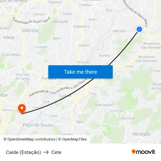 Caíde (Estação) to Cete map