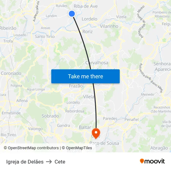 Igreja de Delães to Cete map