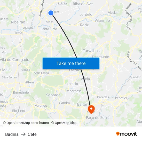 Badina to Cete map