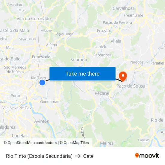 Rio Tinto (Escola Secundária) to Cete map