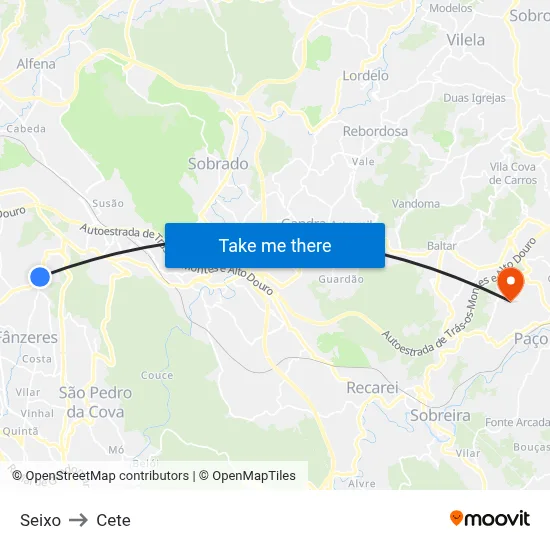 Seixo to Cete map