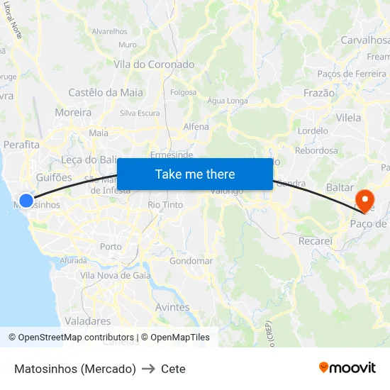 Matosinhos (Mercado) to Cete map