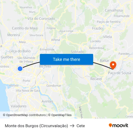 Monte dos Burgos (Circunvalação) to Cete map