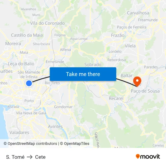 S. Tomé to Cete map