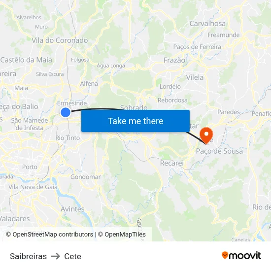 Saibreiras to Cete map