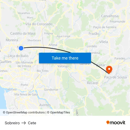 Sobreiro to Cete map