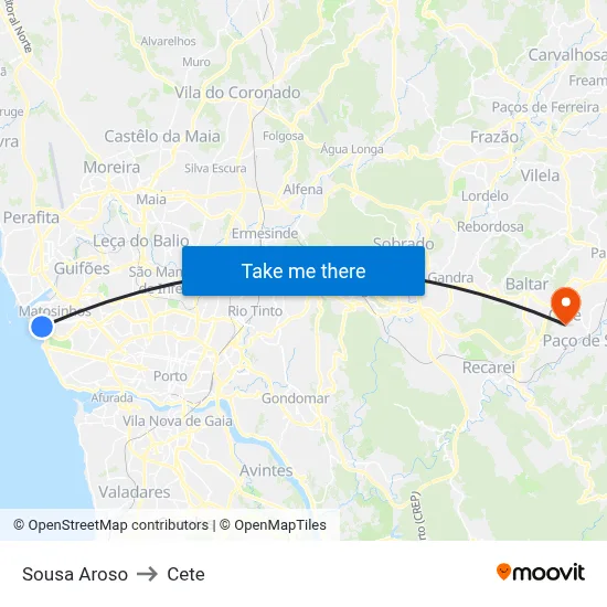Sousa Aroso to Cete map