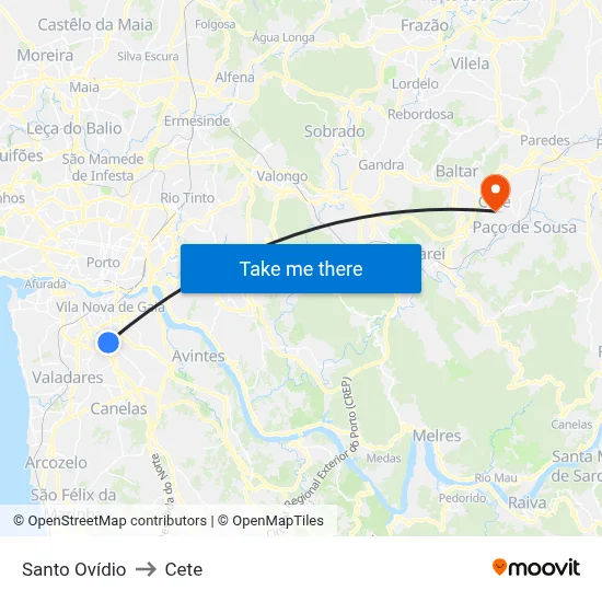 Santo Ovídio to Cete map