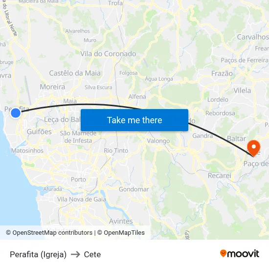 Perafita (Igreja) to Cete map