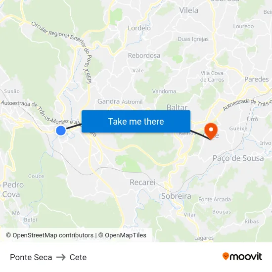 Ponte Seca to Cete map