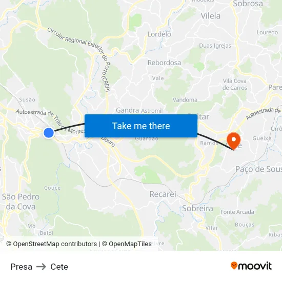 Presa to Cete map