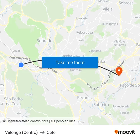 Valongo (Centro) to Cete map