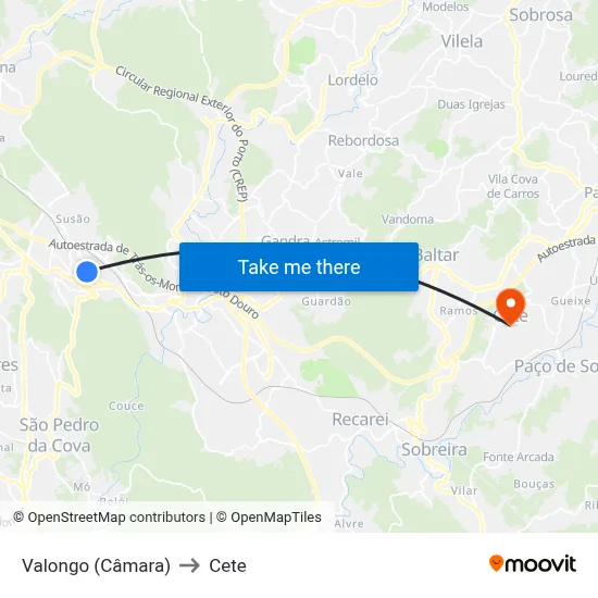 Valongo (Câmara) to Cete map