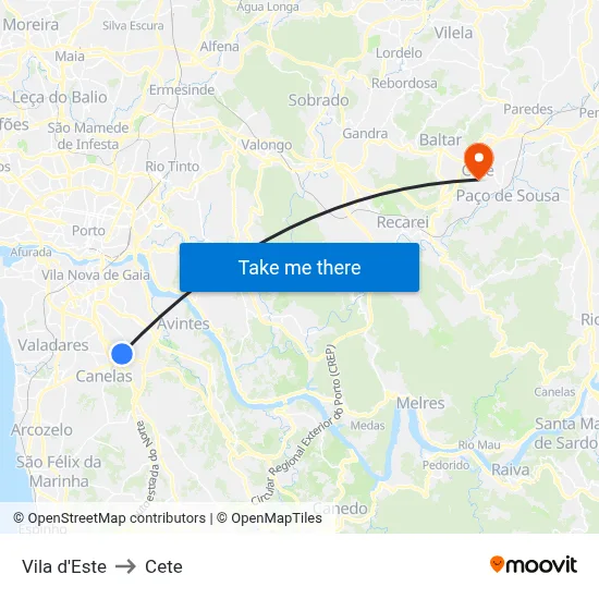 Vila d'Este to Cete map