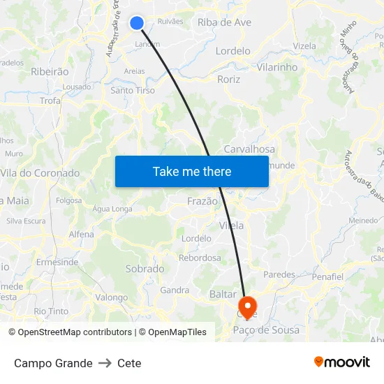 Campo Grande to Cete map
