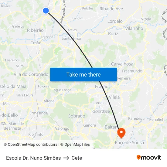 Escola Dr. Nuno Simões to Cete map