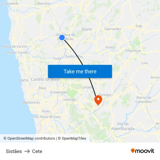 Sistães to Cete map