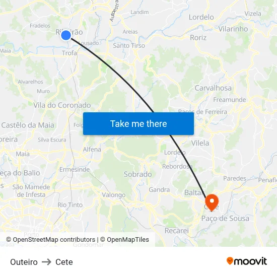 Outeiro to Cete map
