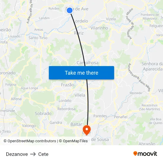 Dezanove to Cete map