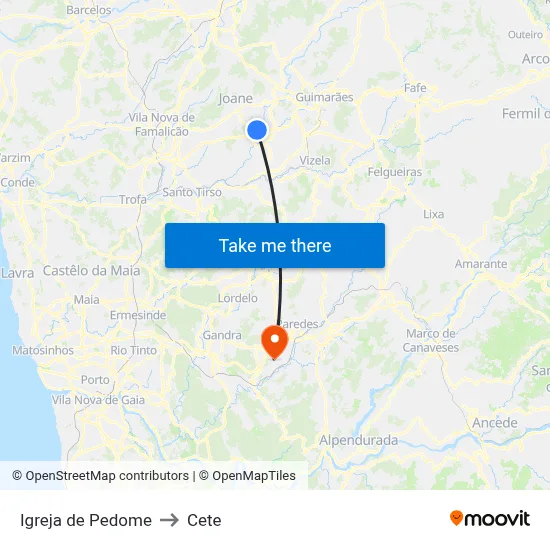 Igreja de Pedome to Cete map
