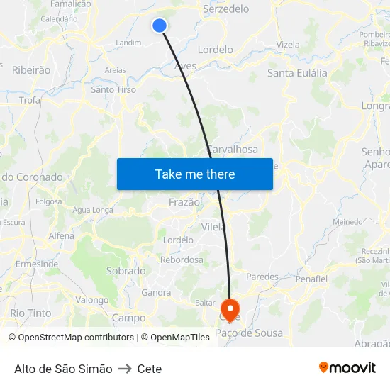 Alto de São Simão to Cete map