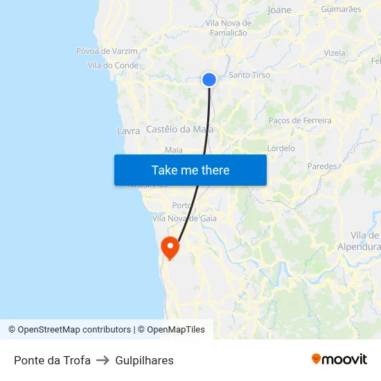 Ponte da Trofa to Gulpilhares map