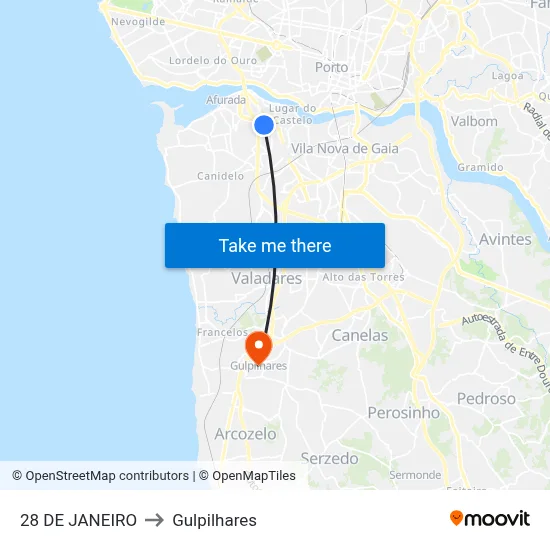 28 DE JANEIRO to Gulpilhares map