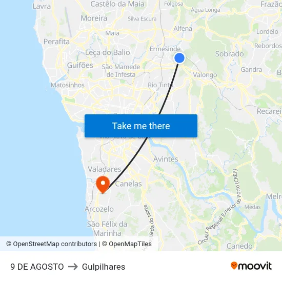 9 DE AGOSTO to Gulpilhares map