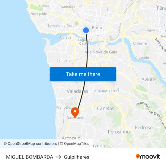 MIGUEL BOMBARDA to Gulpilhares map