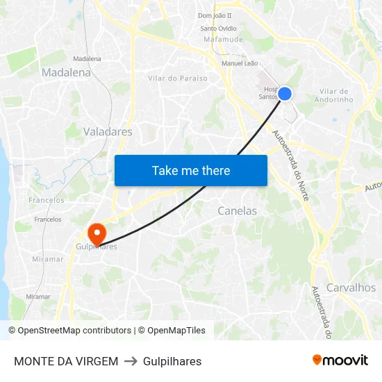MONTE DA VIRGEM to Gulpilhares map