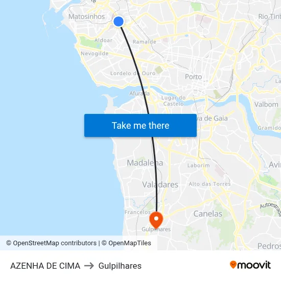 AZENHA DE CIMA to Gulpilhares map