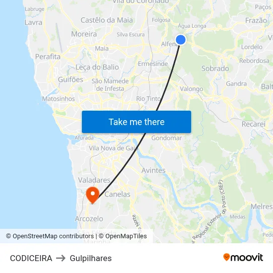 CODICEIRA to Gulpilhares map
