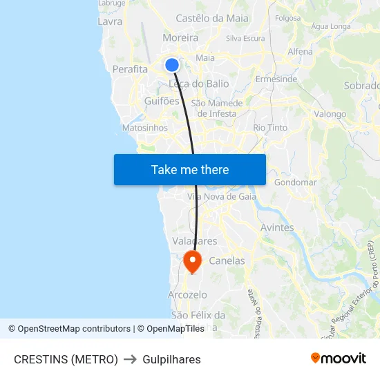CRESTINS (METRO) to Gulpilhares map