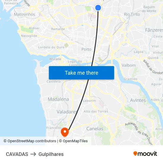CAVADAS to Gulpilhares map