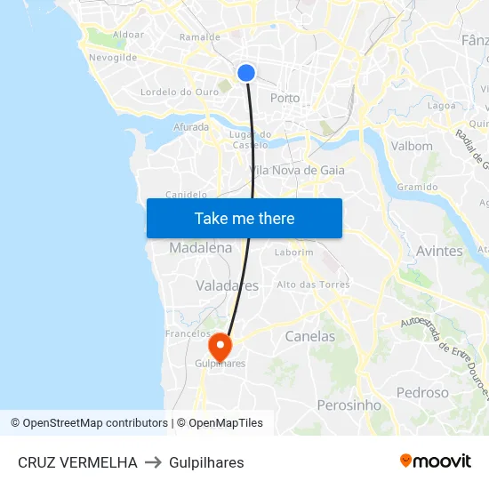 CRUZ VERMELHA to Gulpilhares map