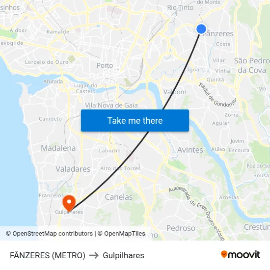 FÂNZERES (METRO) to Gulpilhares map