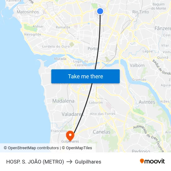 HOSP. S. JOÃO (METRO) to Gulpilhares map