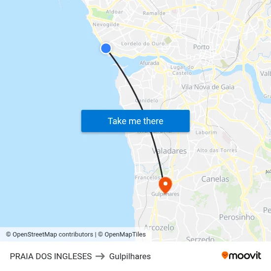 PRAIA DOS INGLESES to Gulpilhares map