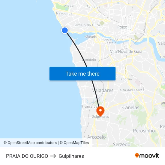 PRAIA DO OURIGO to Gulpilhares map