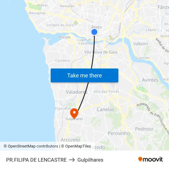PR.FILIPA DE LENCASTRE to Gulpilhares map