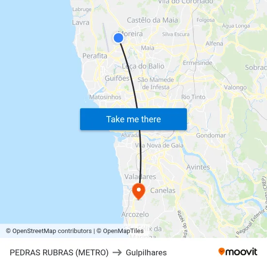 PEDRAS RUBRAS (METRO) to Gulpilhares map