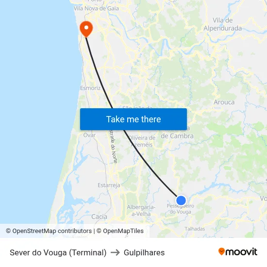 Sever do Vouga (Terminal) to Gulpilhares map