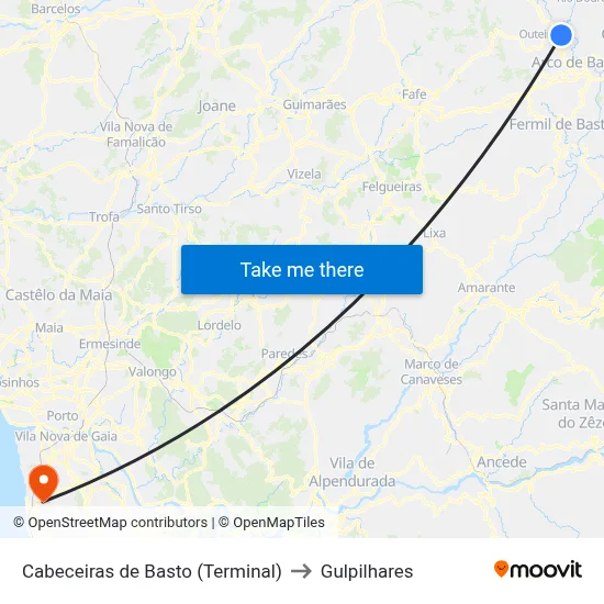 Cabeceiras de Basto (Terminal) to Gulpilhares map