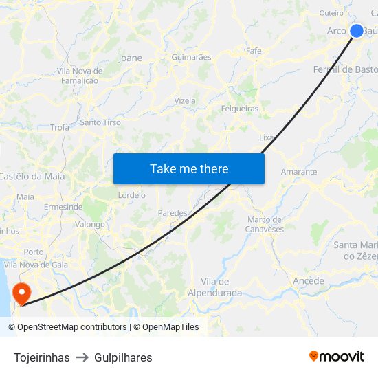 Tojeirinhas to Gulpilhares map