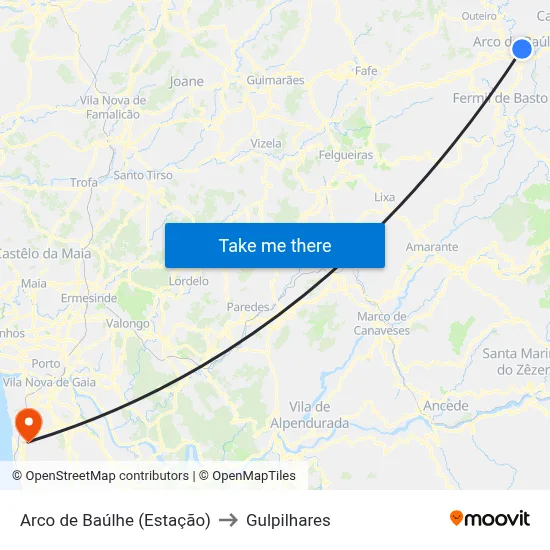 Arco de Baúlhe (Estação) to Gulpilhares map