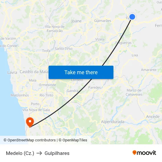 Medelo (Cz.) to Gulpilhares map