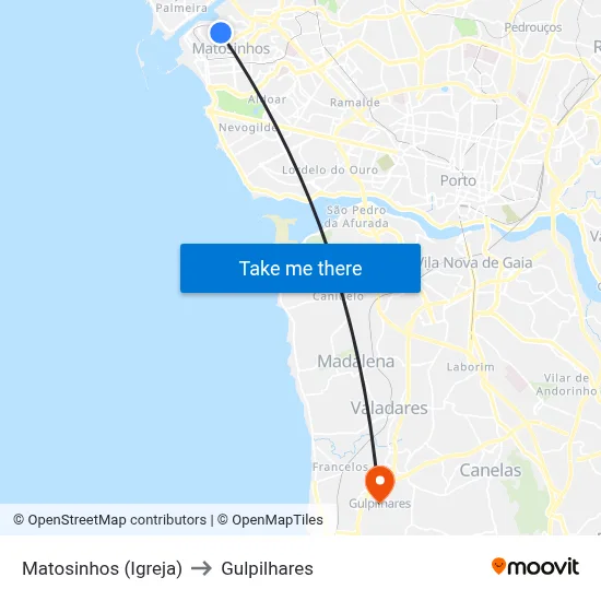 Matosinhos (Igreja) to Gulpilhares map