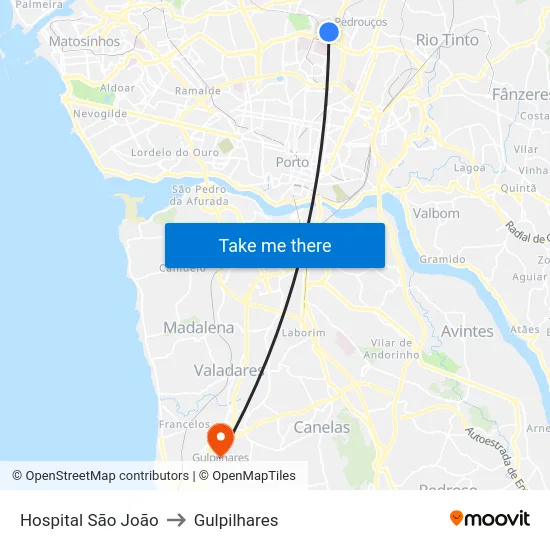 Hospital São João to Gulpilhares map