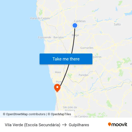 Vila Verde (Escola Secundária) to Gulpilhares map