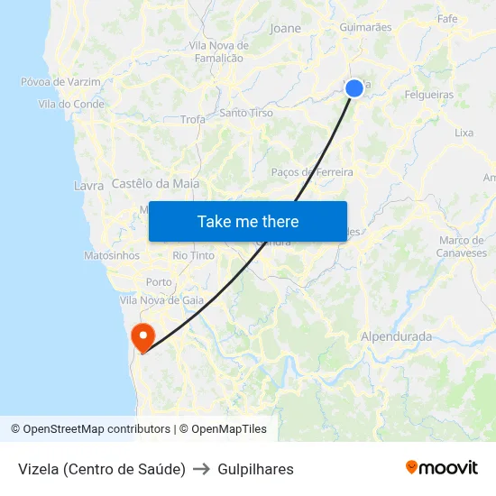Vizela (Centro de Saúde) to Gulpilhares map